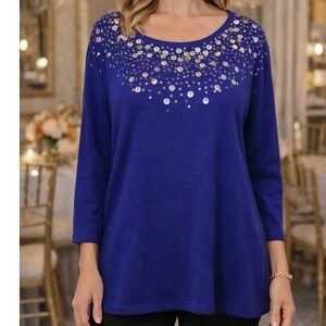 Victor Costa‎ Occasion Royal Blue Sequin Embellished Knit Sweater Top 3X Dressy